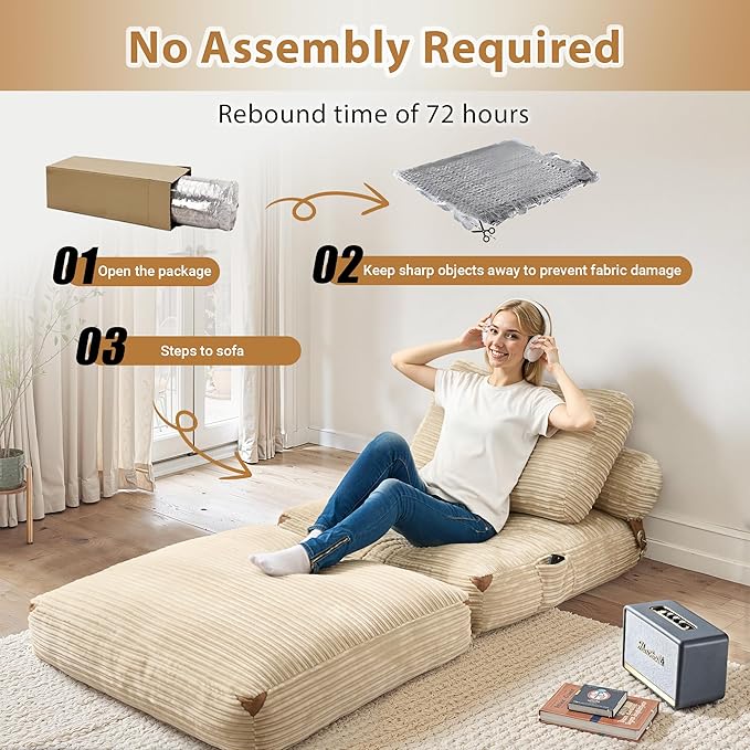 75'' Foldable Sofa Bed Convertible Sleeper Sofa with Pillow Boneless Corduroy Foldable Couch Bed Single Sleeper Chair for Small Spaces Living Room Bedroom StudioBeige