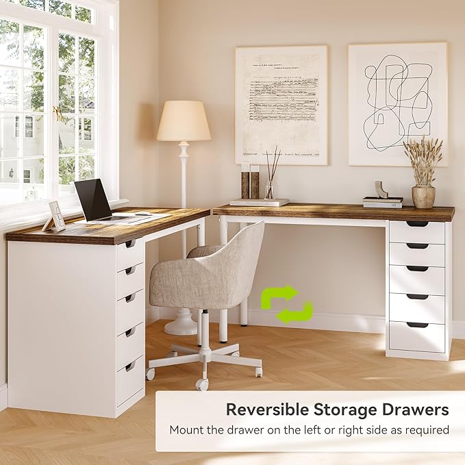 LITTLE TREE Computer Desk with 5 Drawers 47 Inch Modern Simple Study Writing Desk with Metal Frame Work Desk for Home Office Rustic Brown and White