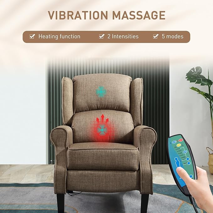 HOMCOM Vibration Massage Recliner Chair for Living Room with Heat Wingback Single Sofa Modern Linen Fabric Push Back Reclining Chair with Footrest Side Pocket Brown