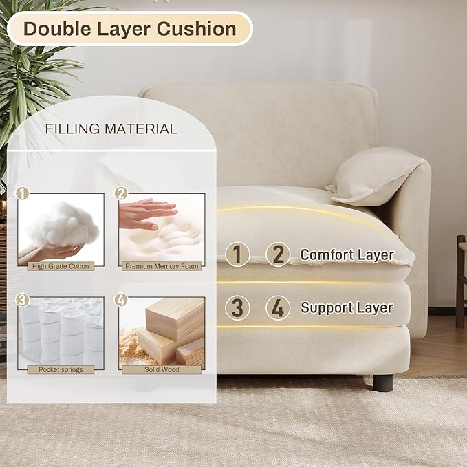 43 Oversized Chenille Single Sofa Chair Deep Seat Chaise Lounge Chair Upholstered Armchair Modern Accent Chairs for Living Room Bedroom Office Apartment Beige