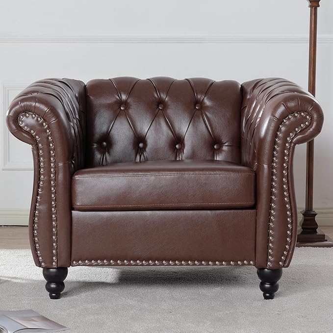 Oversized Chesterfield Chair PU Leather Accent Chair with Tufted Back Club Chair for Living Room Bedroom Gothic Victorian (Brown)