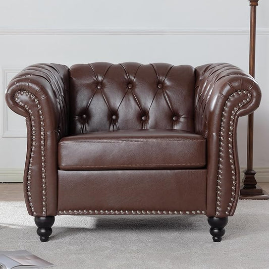 Oversized Chesterfield Chair PU Leather Accent Chair with Tufted Back Club Chair for Living Room Bedroom Gothic Victorian (Brown)