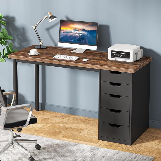 Tribesigns Computer Desk with 5 Drawers 47 inches Rustic Brown Home Office Desk with Storage Modern Simple Laptop Desk Study Writing Table for Small Spaces (1 Brown+Black)