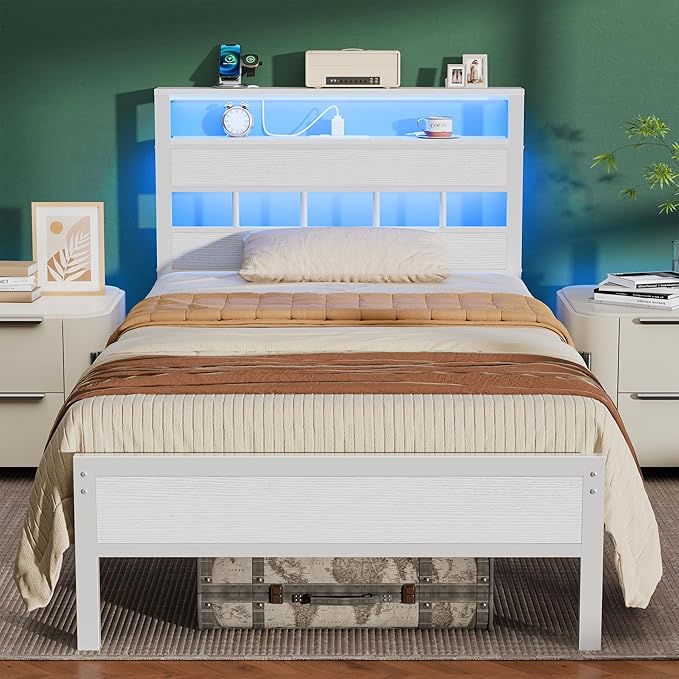 Furnulem Twin Bed Frames with Charging Station and LED Lights Twin Size Platform Bed with Metal Slats Wood Headboard with 2-Tier Storage Shelves No Box Spring Needed White