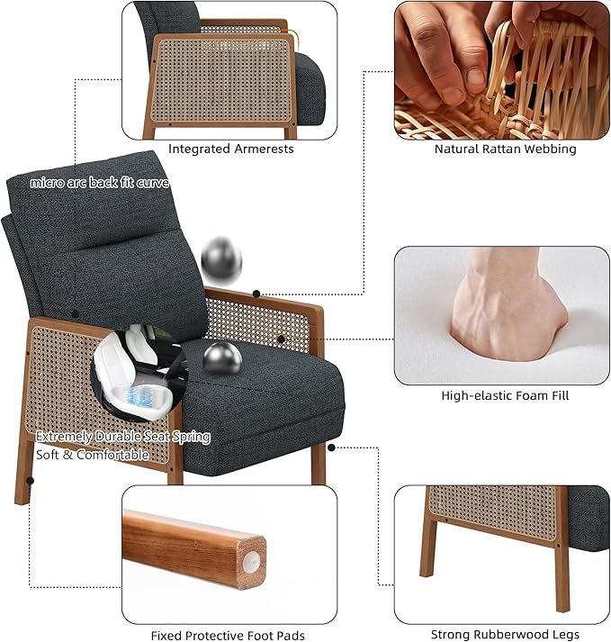 Alunaune Upholstered Natural Rattan Living Room Chairs Accent Chair Armchair Set of 2 Modern Slipper Club Chair Guest Reception Couch Comfy Single Sofa for Reading Bedroom-Grey