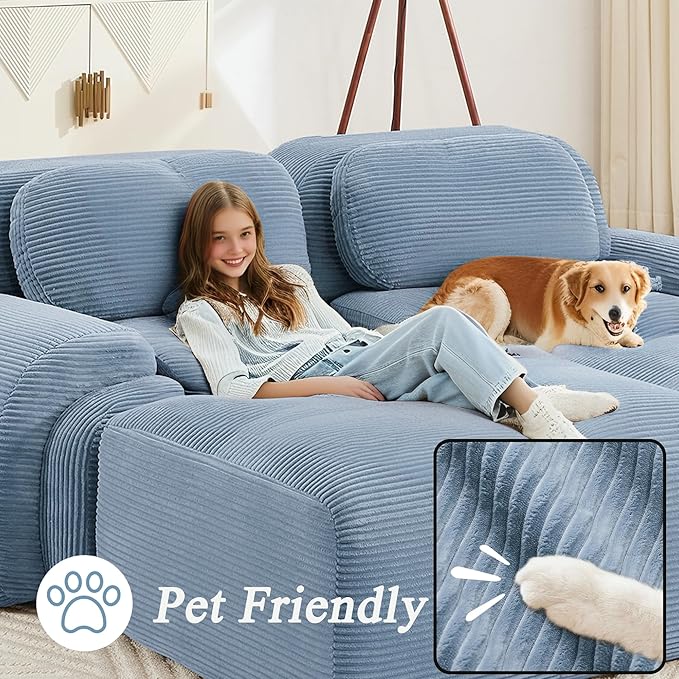 Modular Sectional Sofa Boneless Couch Corduroy Cloud Couch Modern Deep Seat Comfy Sectional Couches for Living Room Oversized 6 Seater Sofa for Bedroom Apartment - No Assembly(Blue)