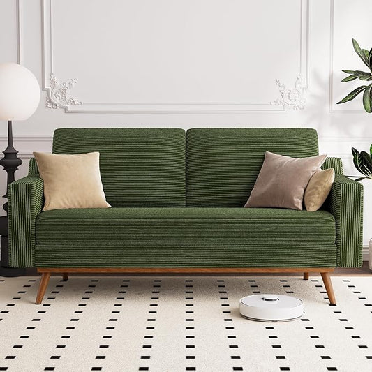 Vipbear 65.4 Loveseat Sofa Green Corduroy Couch Mid-Century Modern Small Couches for Living Room Bedroom Office Comfy Sofa with Spring Cushion Solid Wood Frame Tool-Free Assembly