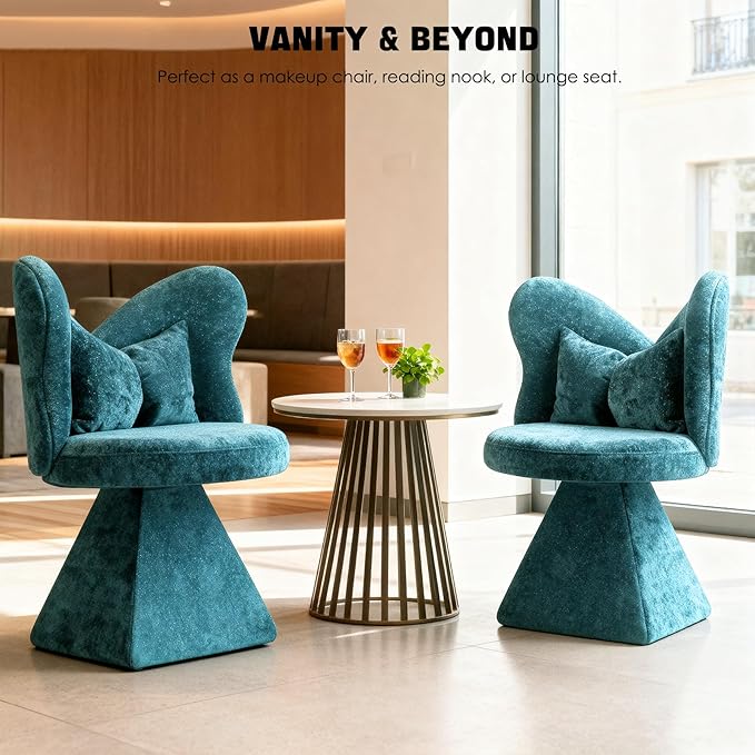 Makeup Vanity Chair with Butterfly Back and Bow Pillow 360° Swivel Accent Chair Vanity Stool Chairs with Chenille Fabric &amp Sturdy Base for Dressing Table/Bedroom/Living Room/Home Office (Blue)