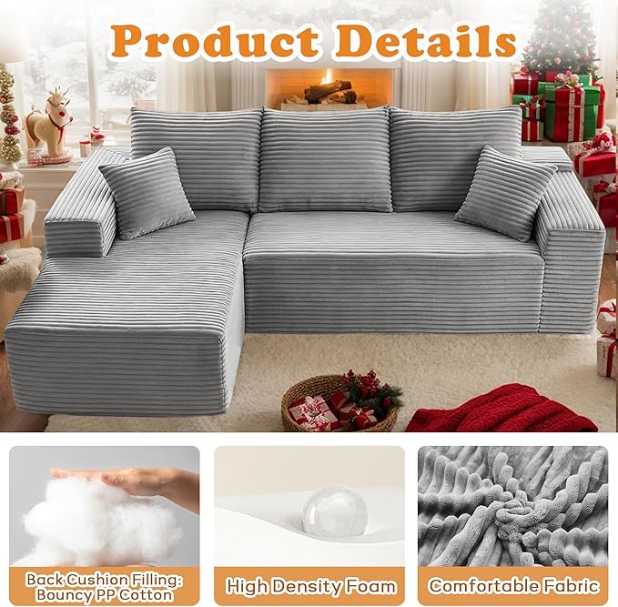 107 L-Shaped Modern Modular Sectional Sofa Oversized Corduroy Boneless Couches with Deep Seat Comfy Upholstered Cloud Couch for Living Room (Grey 3S+Left Facing Chaise)