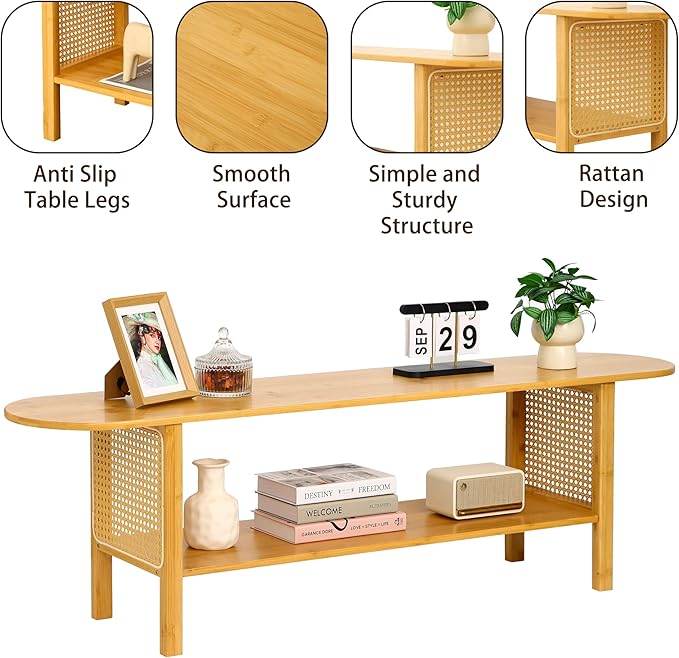 Bamboo TV Stand for TVs up to 65 Accent Entertainment Center with Storage Media Console Table with Rattan Modern TV Stand for Living Room Bedroom 55(L) Burlywood
