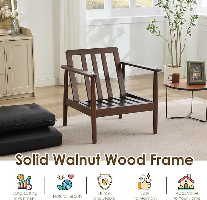 STHOUYN Mid Century Modern Chair PU Leather Accent Chair with Wood Arms Living Room Chairs Reading Armchair for Bedroom Waiting Room Office