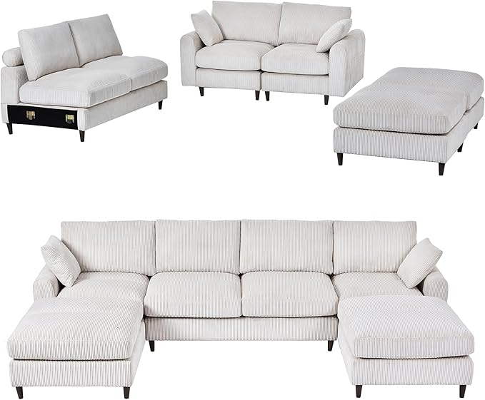 Anwick 126 L-Shaped Modular Sectional SofaModern Corduroy Fabric Sofa Couch with Movable Ottoman4 Seat Convertible Sleeper Sectional Couches for Living Room Home Office (Beige 122 U-6 Seater)