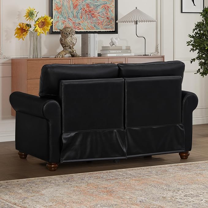KEIKI 59.45 Chesterfield Sofa Retro Style Upholstered Faux Leather PU Couch with Storage Space Rolled Arm Nailhead for Living Room Bedroom Office Apartment Black
