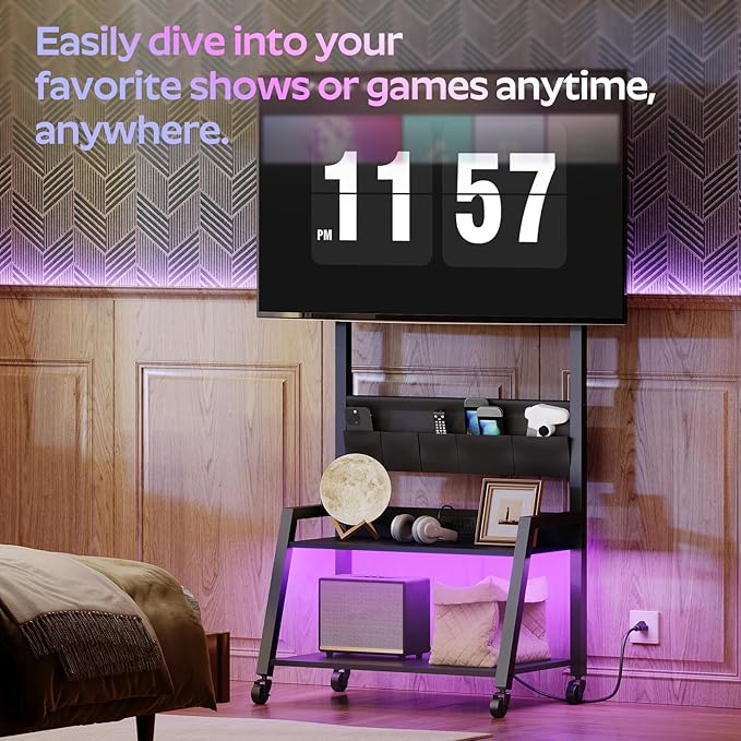 Rolling TV Stand with Power Outlet Mobile TV Stand with LED Light Up to 55 TVs TV Cart with Mount 5 Oxford Fabric Pouches for Living Room Meeting Room Black DS01UDBB