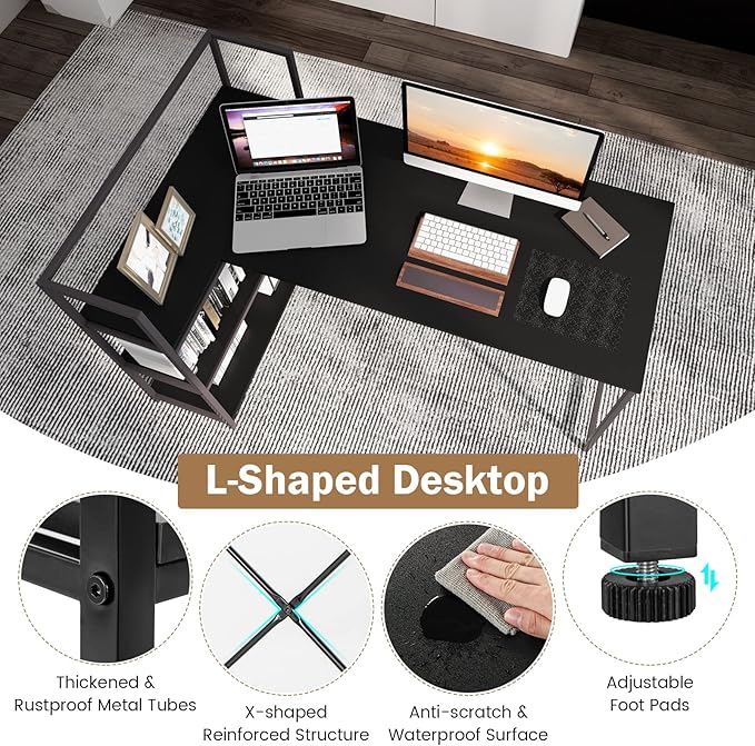 COSTWAY 59 Inch L-Shaped Computer Desk Large Reversible Corner Desk with Open Storage Shelves Space-Saving Writing Study Table PC Laptop Gaming Desk for Home Office (Black)