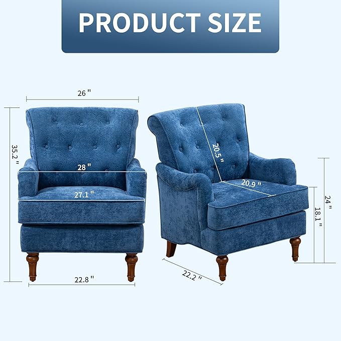 JOSHEN 35.5 Chenille Club Accent ChairUpholstered Fabric Sofa ChairReading Chair with Springs Cushions and Retro Wooden Legs for Living RoomBedroomOfficeBlue
