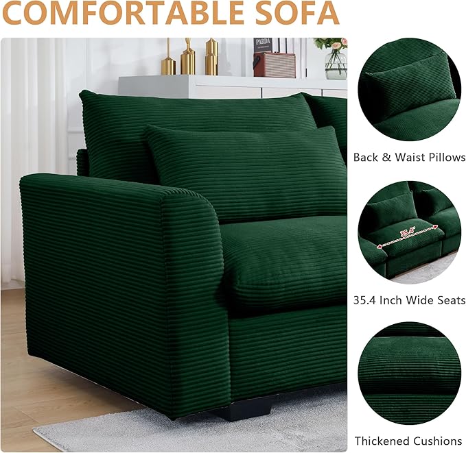 Oversized Modular Sectional Sofa 86 Inch Loveseat Sofa Corduroy Deep Seat Comfy Couch with Waist Pillow for Living Room Apartment Green