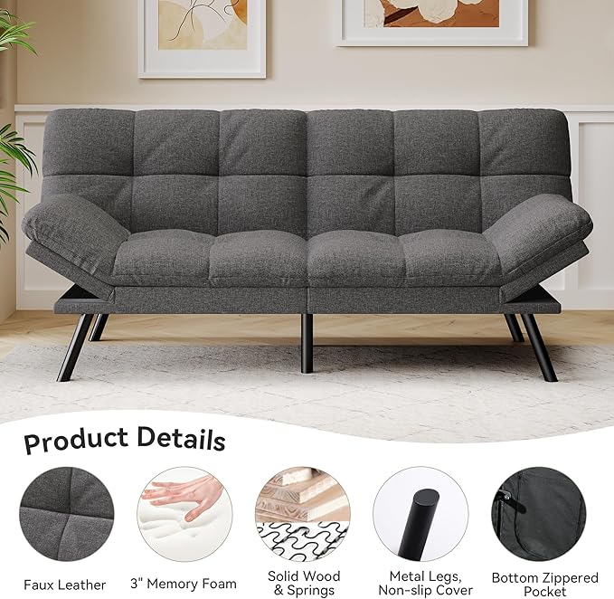 Convertible Futon Sofa Bed71 Memory Foam Futon CouchDetachable CushionAdjustable Backrest &amp ArmrestLinen Modern Loveseat Sleeper Recliner for Living RoomOfficeApartmentMedium Grey