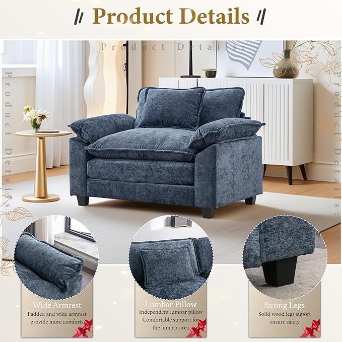 URRED Cloud Couch Accent Chair Oversized Chenille Armchair with Deep Wide Seat and Upholstered ArmrestsBlue – Modern Lounge Chair for Bedroom or Living Room