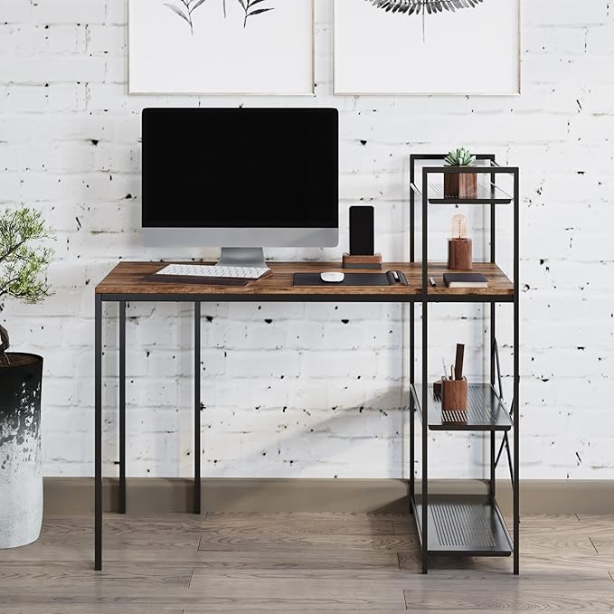 Lavish Home All-in-One Computer Desk with Shelves – Modern Industrial Style Wood and Steel for Home Office Bedroom or Craft Table