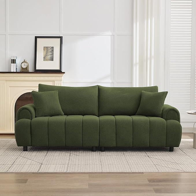 88 Modern Boucle Sofa Couch Oversized Comfy 3 Seater Sherpa Curved Sofas Deep Seat Upholstered Loveseat Teddy Round Arm Couches for Living Room Bedroom Green
