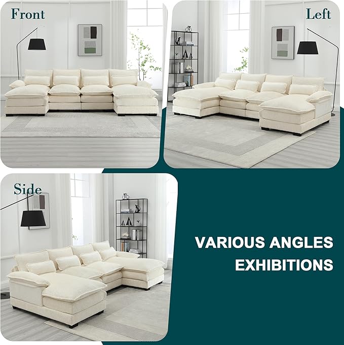 QQU 110.63 W U-Shape Modern Sectional Sofa Couch with Plastic Leg Upholstery Chenille Modular Sectional Sofa Bed with Memory Foam Large Sleeper Couch Chaise Lounges for Living Room(A-Beige)