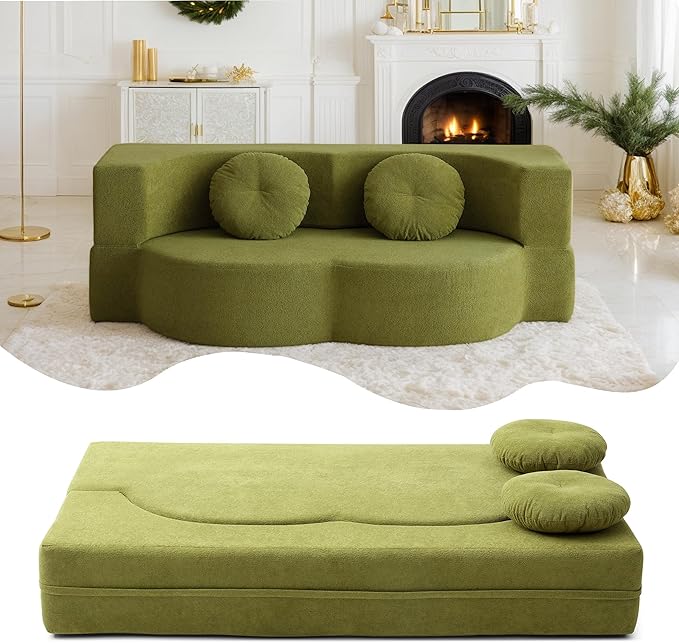 76 Convertible Folding Futon Sofa Bed Queen Sleeper Sofa with Pillow Teddy Fabric Floor &amp Futon Loveseat Couch Foam Folding Mattress Sleeper for Living Room Guest Use Office Apartment(Green