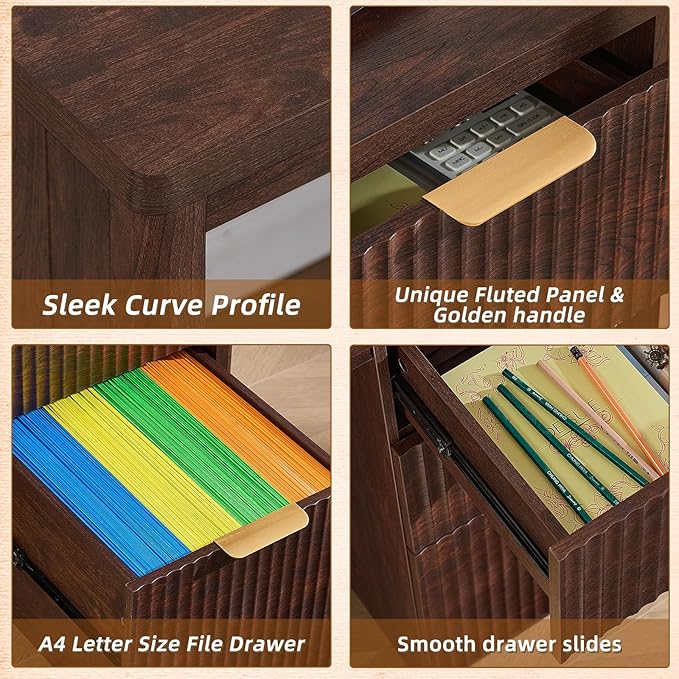 LEYAOYAO Office Desk 48 with 3 Drawers Storage File Cabinet Wood Fluted Desk for Computer Office Bedroom Home Furniture Walnut