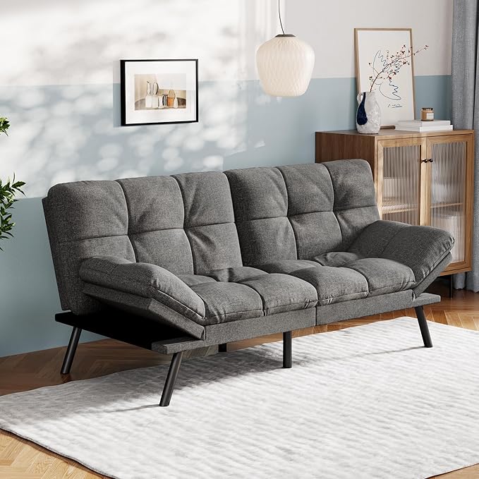 Vyfipt Convertible Futon Sofa Bed Grey Linen Futon Couch with Adjustable Backrest &amp Armrests Folding Small Recliner Sleeper Sofa Bed for Living Room Apartment Office