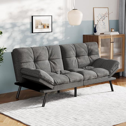 Vyfipt Convertible Futon Sofa Bed Grey Linen Futon Couch with Adjustable Backrest &amp Armrests Folding Small Recliner Sleeper Sofa Bed for Living Room Apartment Office