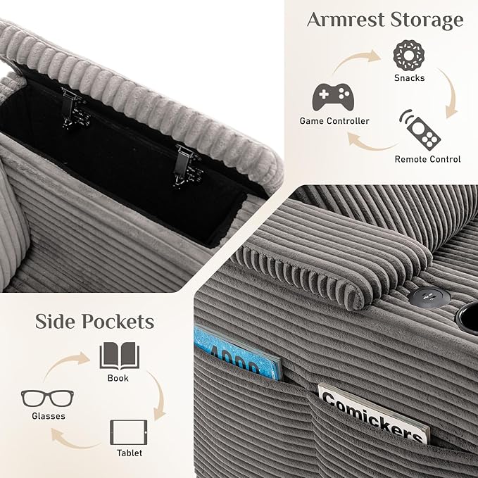 110 W x 60 D U Shape Sectional Sofa with USB Charging &amp Cup Holder &amp Storage 5 Seater Plush Corduroy Couches with Movable Ottoman Cloud Couch Sofas for Living Room DIY Combination - Light
