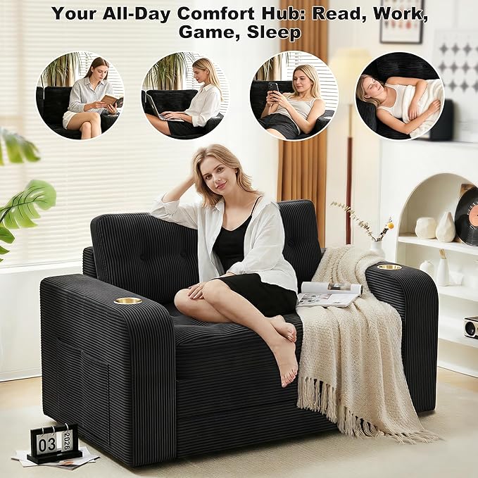 55 Futon Sofa Bed 4‑in‑1 Convertible Sofa Bed Folding Boneless Couches for Living Room Fold Out Small Foldable Loveseat Floor Sleeper Comfy Mattress Lounge Space‑Saving Black