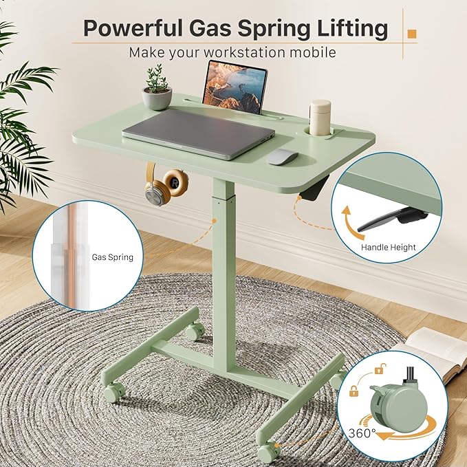 Mobile Standing Desk 28 inch Rolling Laptop Cart Adjustable Height with Cup Holder Portable Table with 4 Lockable Wheels Green Computer Workstation with Hook and Slots for Home Office
