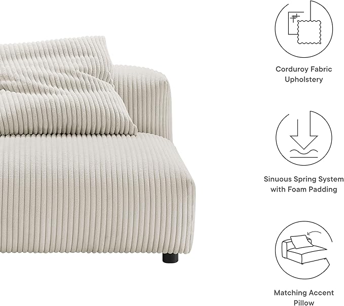 Modway Solace Modular Sofa Armless Chair in Almond - Oversized Corduroy Lounge Chair - Comfy Upholstered Single Sectional Sofa Chair - Modern Accent Lounge Chair for Living Room