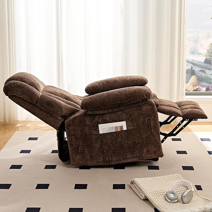 PUREMIND Power Lift Recliner Chair for Elderly Dual Motor Electric Recliner with Massage and Heat Ergonomic Massage Chairs with Side Pocket &amp Remote - Velvet Fabric Strong Support Brown