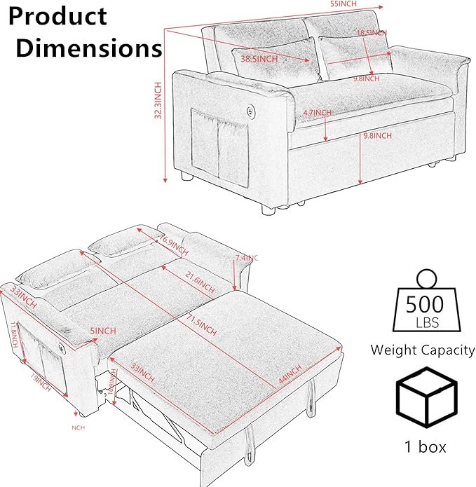 55.5 Small Sleeper Sofa Couch with Pullout Bed 3-in-1 Convertible Sleeper Sofa Bed wih Adjustable Backrest with USB Ports Modern Velvet Twin Pull Out Couch for Living Room (Grey)