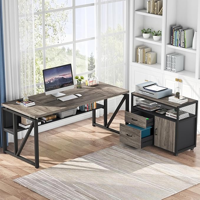 Tribesigns Modern File Cabinet with Drawers for Letter-Sized File and Door Lockable lateral Filing Cabinet Printer Stand with Storage Shelves and with Rolling Caster for Home Office (Gray)
