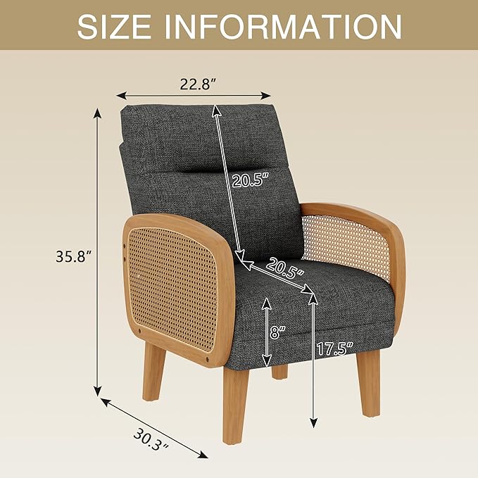 Yongchuang Upholstered Linen Accent Chairs Set of 2 Wood Rattan Armchair Mid Century Modern Bedroom Living Room Chairs Grey