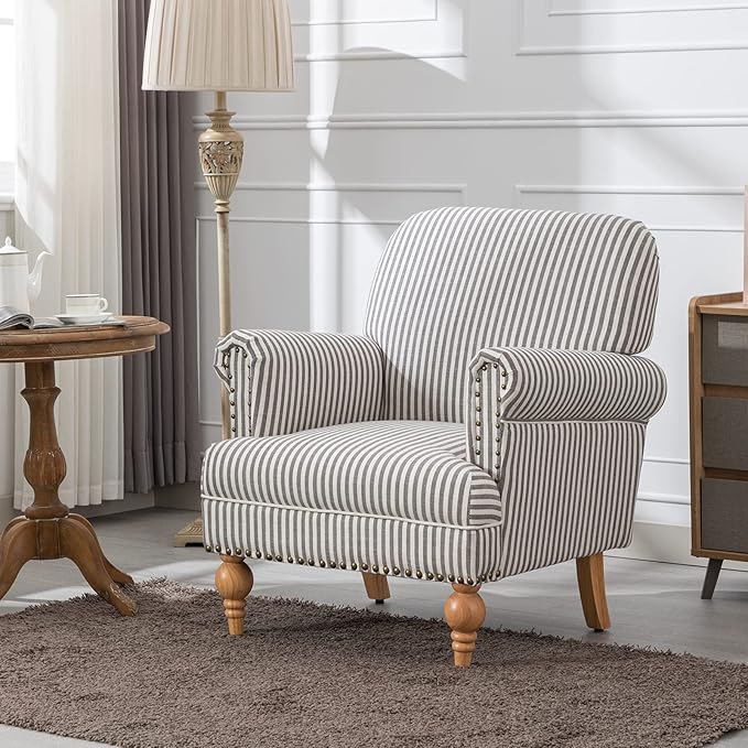 chairus Linen Accent Chair for Living Room Set of 2 Upholstered Mid Century Modern Single Sofa Chair with Solid Wood Legs Comfy Reading Armchair for Bedroom/Office Room/Recption/Lounge Black Stripe