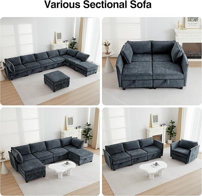 ORRD Sleeper Modular Sectional Sofa Set Convertible Couch Bed with Storage 6 Seater and 4 Armrestes Sofa Modular for Living Room Office (Blue Grey)