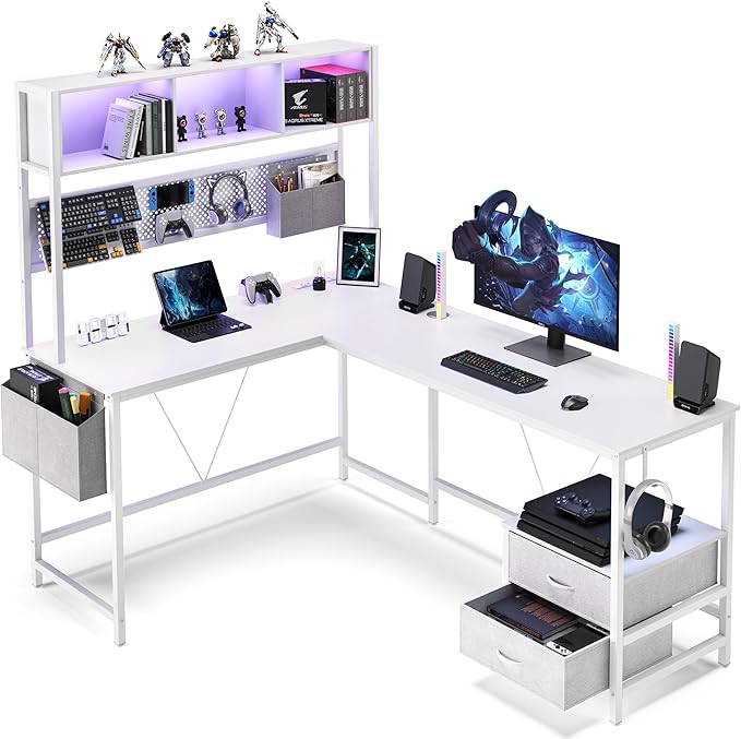 Dowinx 67” L-Shaped Gaming Desk with Pegboard &amp Drawers Reversible Computer Desk with RGB Lights &amp Power Outlets Corner Workstation with Storage &amp Hutch for Home Office &amp Gaming Whit