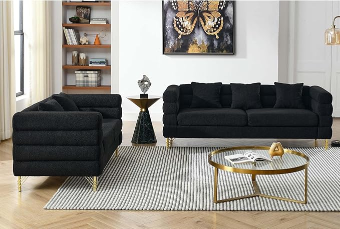 Antetek 81-inch Couches + 60-inch Loveseat Sofa for Living Room Modern Teddy Fabric Upholstered Sofa Couch with Square Arm and 4 Golden Metal Legs for Living Room Office Apartment