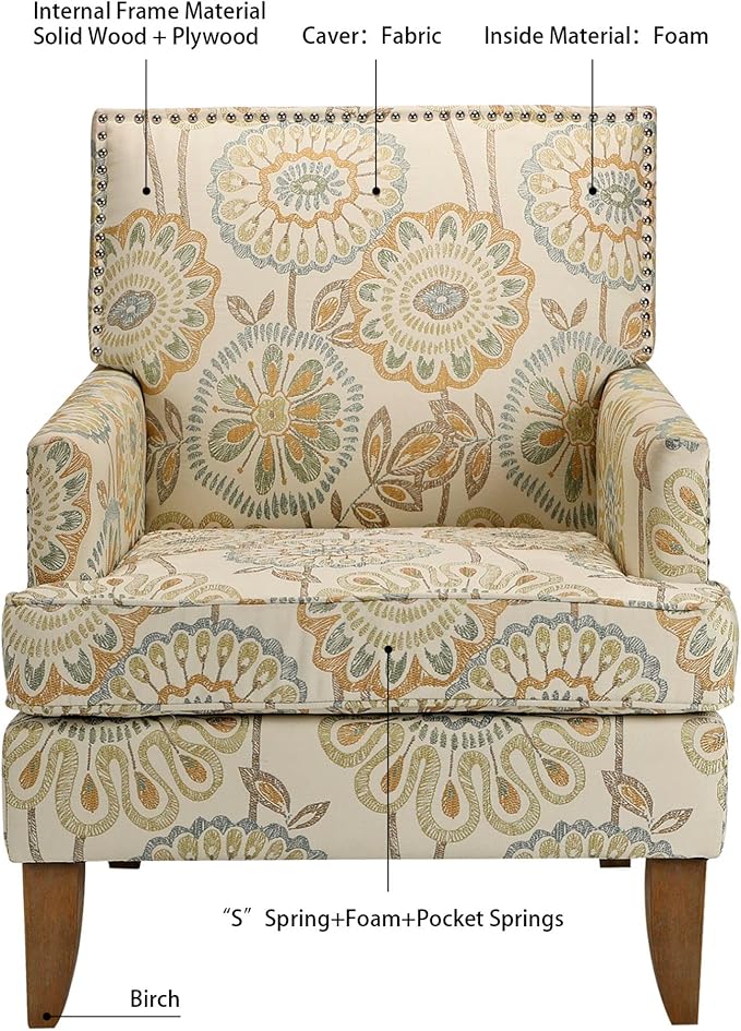 Modern Wingback Accent Club Chair with Floral Fabric Upholstery Comfortable Reading Chair for Living Room &amp Bedroom Single Seater Sofa with Cushion (Yellow pattern)