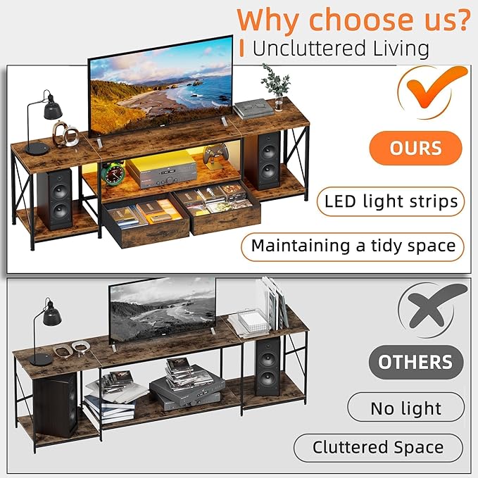 LED TV Stand for 75 70 Inch TV with Fabric Drawers LED Entertainment Center Television Stands with Storage Shelves for Living Room Bedroom TV Console Table 63 Rustic Brown