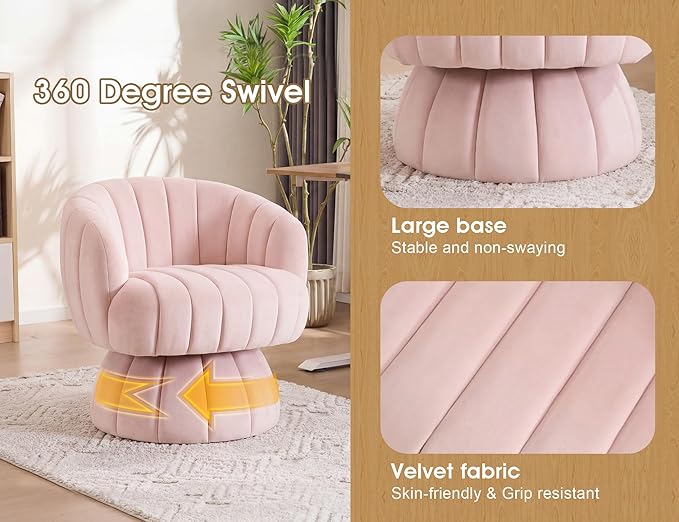 Mid Century Modern 360 Degree Barrel Swivel Accent Sofa ChairFluffy Velvet Fabric Lounge Wide Upholstered Pumpkin Reading Chair Round Cloud Armchair for Living RoomBedroomVanity(Pink)