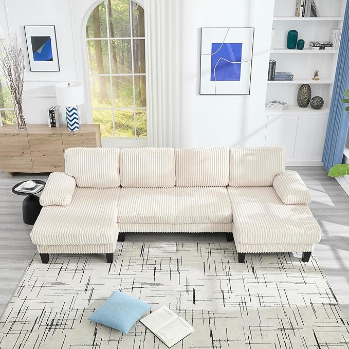 114.2” W Corduroy Sectional Sofa for Living Room U-Shaped Couch with Double Chaises and Comfortable Backrest Modern 4-Seater Deep Cloud Sofa for Small Spaces(Beige)