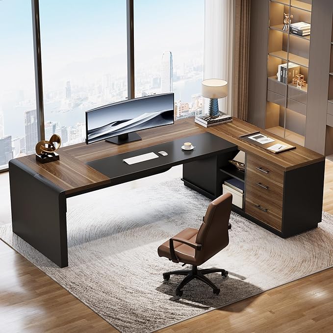 Tribesigns 80'' L-Shaped Desk Set of 2 Large Executive Office Desk with 55'' Drawers Cabinet Modern Computer Table with Storage Shelves Business Furniture for Office Brown
