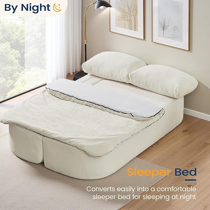 74.8 Inch Convertible Sleeper Sofa Bed Compressed Loveseat Sofa Folding Floor Mattress with Pillows and Blanket Small Couches for Living Room Bedroom Lounge No Assembly Required (Beige)