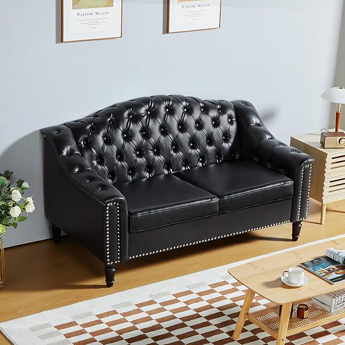 AVZEAR Chesterfield Loveseat Sofa Mid-Century Modern Upholstered PU Sofa 2 Seater Couch with Nailhead Trim and Button Tufted for Living Room Office Bedroom Black