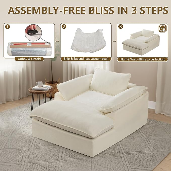 57 Oversized Boneless Chaise Lounge Chair with Ottoman Indoor Comfy Chenille Upholstered Sofa Bed with Armrest No Assembly Deep Seat Sleeper Armchairs Couch for Living Room Bedroom Beige